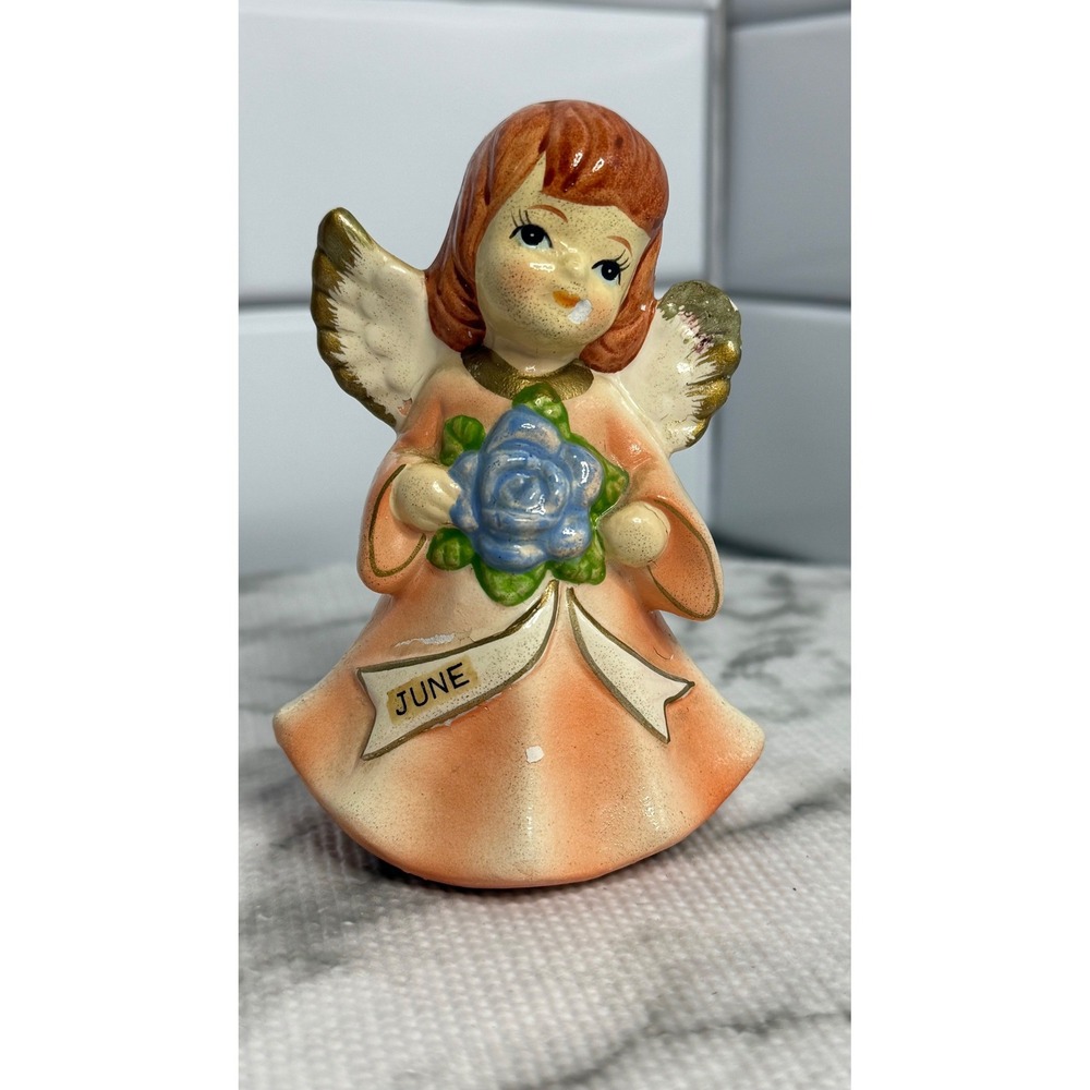 Vintage June Birthday Angel Figurine Blue Rose Ceramic Mid Century Collectible